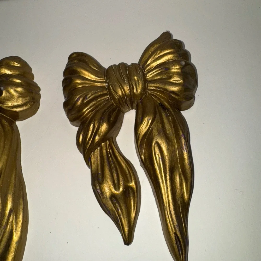 Vintage Gold Tone Bow‎ Wall Decor Set of 2 Coquette Hanging Accents HOMCO Style
